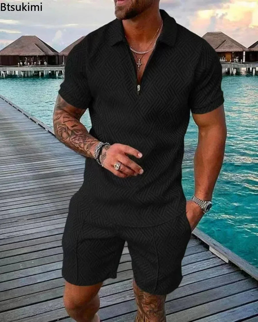 New 2024 Men's Polo Suit Fashion Men Sets Solid Summer V-neck Zipper Short Sleeve POLO Shirt+Shorts Two Pieces Men Casual Suit