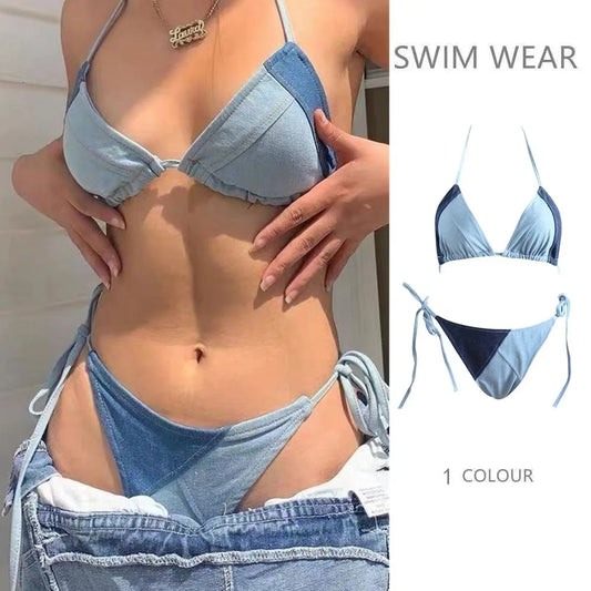 602#New Pure Lust Babes Wind Internet Celebrity Same Split Denim Color-Blocked Bikini Thin Belt Vacation Bikini Swimsuit Woman